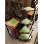 REPRODUCTION DARK WOOD AND GREEN LEATHER TOPPED GRADUATED WOTNOT STAND AND MATCHING HALL TABLE