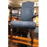 BLUE BROCADE HIGH BACK ELBOW CHAIR