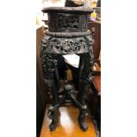 CHINESE CARVED WOODEN AND MARBLE INSET JARDINIERE STAND DECORATED WITH BIRDS