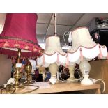 THREE ONYX BALUSTER TABLE LAMPS AND TWO BRASS TABLE LAMPS