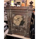 DISTRESSED VICTORIAN OAK GOTHIC INFLUENCED CARVED CLOCK A/F WITH MOVEMENT AND FACE