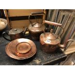 TWO VICTORIAN COPPER KETTLES AND COPPER DISHES