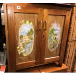 BEECH AND PLY TWO DOOR CUPBOARD WITH PAINTED PANELS