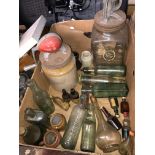 BOX CONTAINING A GLOBE BUTTER CHURN, VARIOUS CHEMISTS AND ADVERTISING BOTTLES,
