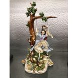 CAPO DI MONTE FIGURE GROUP OF 18TH CENTURY STYLE CHILDREN ON A TREE SWING 28CM H A/F