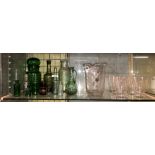 ETCHED GLASS LEMONADE SET AND A SMALL SELECTION OF MAINLY GREEN GLASS MEDICINE BOTTLES