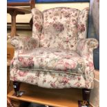 VICTORIAN STYLE FLORAL FABRIC UPHOLSTERED WING ARMCHAIR