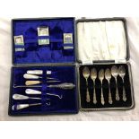CASED SET OF SIX SILVER TEASPOONS AND A PART SEWING ACCOUTREMENT SET WITH SILVER HANDLED BUTTON