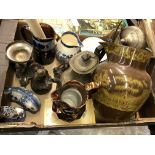TWO BOXES OF MISCELLANEOUS CERAMICS AND METALWARES INCLUDING COPPER LUSTRE RESIST JUG,