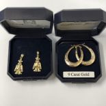 BOXED 9CT GOLD PAIR OF CREOLE EARRINGS AND BOXED 9CT GOLD CLOWN DROPPER EARRINGS