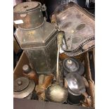 PEWTER HOT WATER JUG, COPPER BISCUIT BARREL, HIP FLASK, SMALL BOX OF FISH CUTLERY, OTHERS,