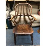 19TH CENTURY ELM AND YEW SPINDLE BACK WINDSOR ARMCHAIR