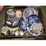 BOX OF BLUE AND WHITE TRANSFER PRINTED WARE, SPODE ITALIAN SERIES DISH, CHINESE BALUSTER VASE A/F,