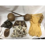 PAIR OF BEADED FRINGED GAUNTLETS, POSSIBLY NORTH AMERICAN INDIAN SKIN POUCH AND PURSE,