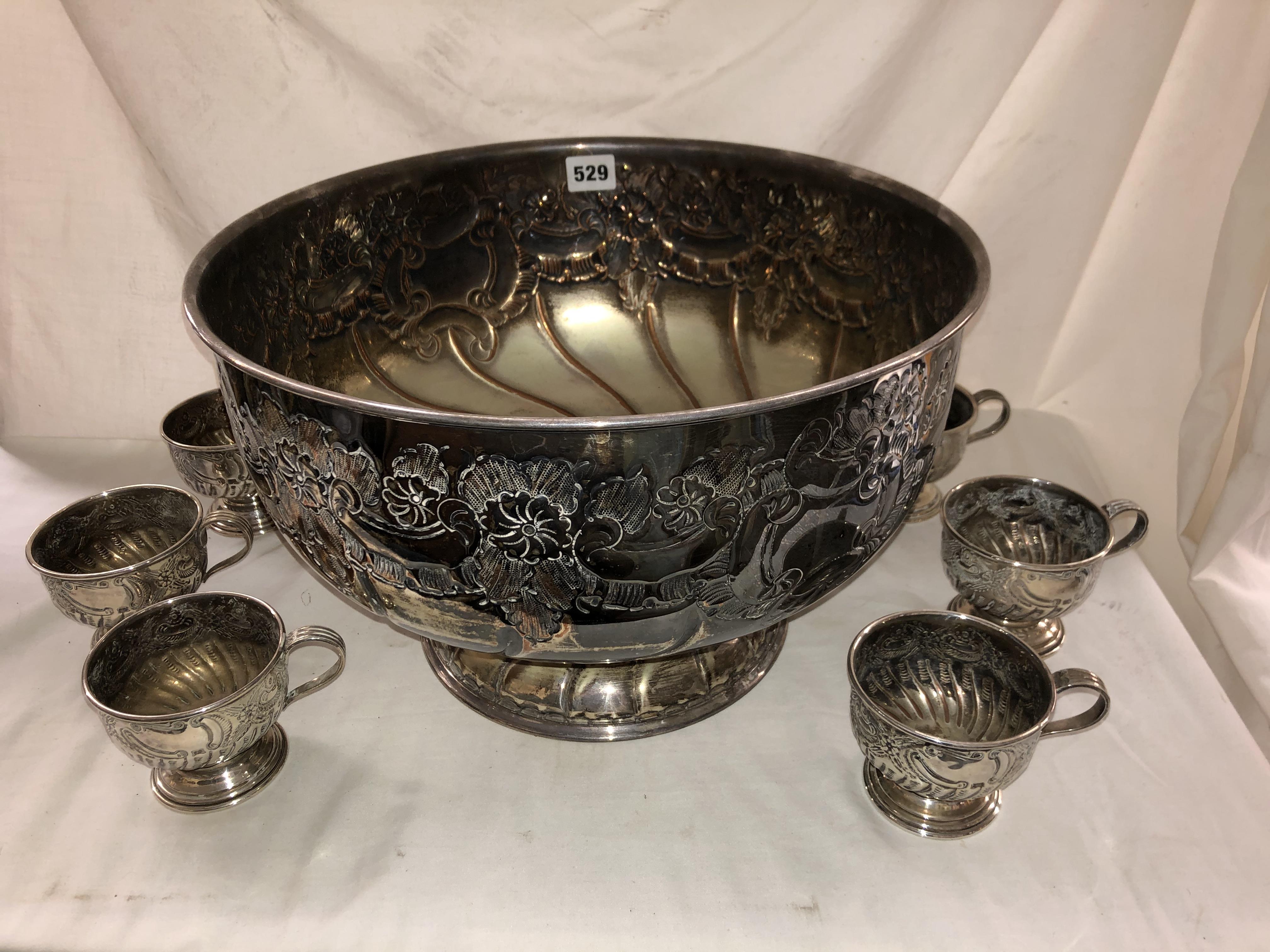 VINERS OF SHEFFIELD ALPHA PLATED REPOUSSEE PUNCHBOWL AND SIX BOWLS
