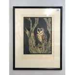 LITHOGRAPHIC BLOCK PRINT 3/9 ENTITLED 'OWL I' SIGNED IN PENCIL WITH INITIALS RH DATED 1991 F/G 30 X