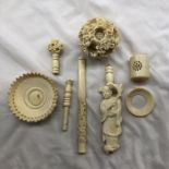 19TH CENTURY CHINESE IVORY CARVED CONCENTRIC BALL AND STAND A/F ALONG WITH A CARVED DRAGON CHEROOT