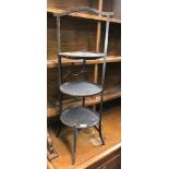 THREE PLATEAU CAKE STAND AND SMALL BOBBIN LEGGED TROLLEY TABLE