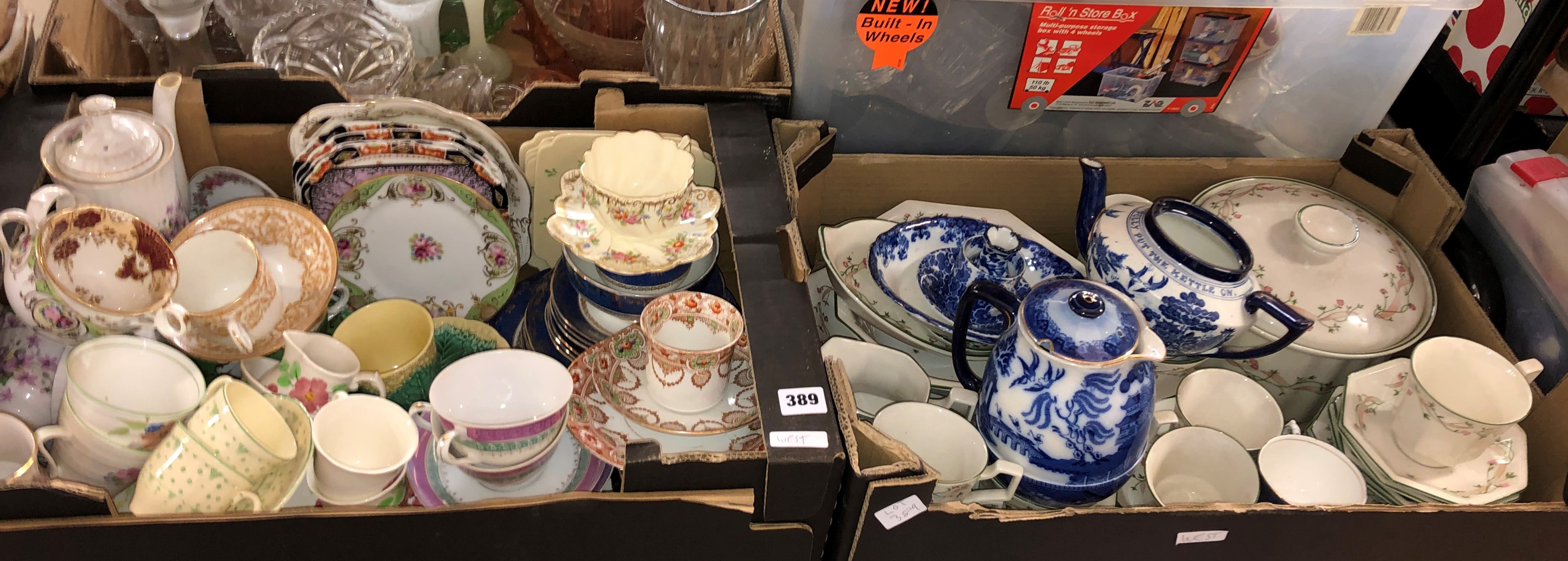 THREE BOXES OF VARIOUS BONE CHINA TEAWARES, SINGLE CABINET CUPS AND SAUCERS, BLUE AND WHITE WARES,