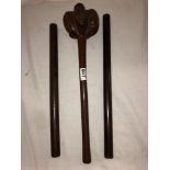 19TH CENTURY FIJIAN ULA/THROWING CLUB AND TWO BATONS. SHAFT ON CLUB HAS NOTCHED DECORATION.