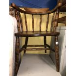 EARLY 20TH CENTURY BEECH AND ELM SPINDLE BACK SMOKERS BOW CHAIR