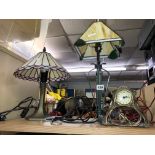 TWO STAINED GLASS SHADED TABLE LAMPS AND AN ART NOUVEAU INSPIRED MANTEL TIMEPIECE