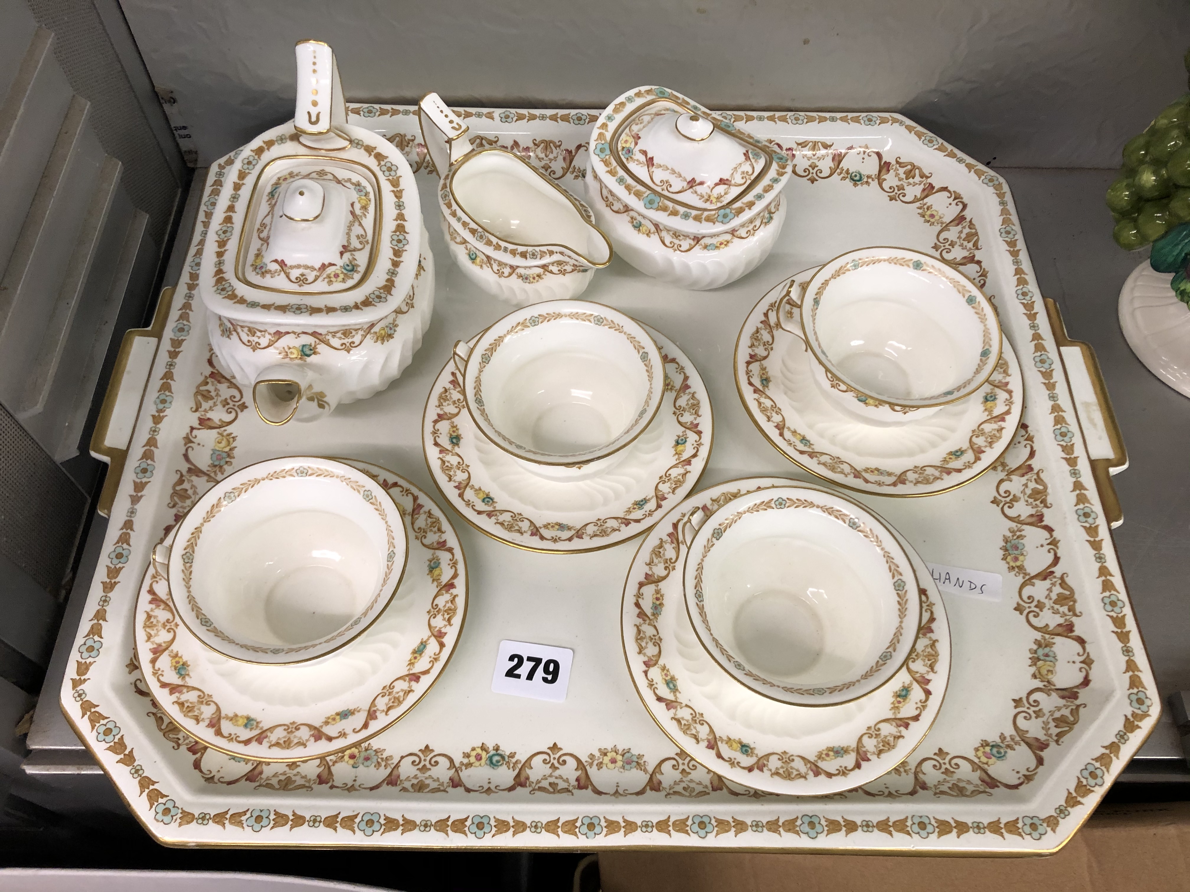 WEDGWOOD EUTURIA RD:154623 FLORAL GILDED TETE A TETE ON TRAY WITH TWO ADDITIONAL CUPS AND SAUCERS