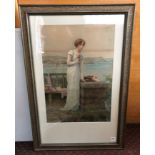 LITHOGRAPHIC PRINT OF A MAIDEN IN A BLUE DRESS AFTER AN ORIGINAL BY MARCUS STONE 1903 F/G 39 X 58CM