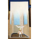 LARGE CANVAS PAINTING OF FIGURE IN CATHEDRAL (UNFINISHED) 86 X 45CM