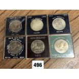 TWO NEW ZEALAND CROWNS AND FOUR NEW ZEALAND ONE DOLLAR COINS FROM 1969 -1977