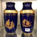 PAIR OF LIMOGES BLEU DE ROI AND GILDED TAPERED VASES 23CM H