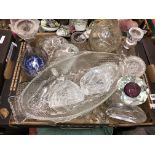 BOX CONTAINING GLASS ROSE BOWLS, DECANTER AND STOPPER, FISH SHAPED DISHES, SIGNED PAPERWEIGHTS,