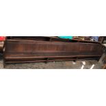 VICTORIAN/EDWARDIAN PITCH PINE PANEL BACK CHURCH PEW WITH PRAYER BOOK LEDGE, 408CM IN LENGTH,