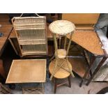 EDWARDIAN BAMBOO CORNER WOTNOT SHELF AND OTHER BAMBOO AND RATTAN RACKS AND A SMALL BEECH STOOL