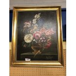OIL ON CANVAS OF STILL LIFE OF FLOWERS IN GILT FRAME SIGNED 39 X 50CM APPROX