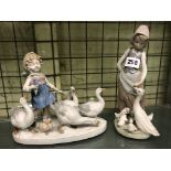 LLADRO 26 FIGURE OF A GIRL FEEDING GEESE AND A LLADRO STYLE FIGURE GROUP OF GIRL WITH GEESE