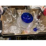 BOX OF VARIOUS GLASSWARE INCLUDING CRANBERRY SIFTER, SHERRY GLASSES,