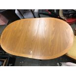 TEAK OVAL DINING TABLE AND SIX FABRIC UPHOLSTERED CHAIRS 74CM H X 138CM W X 94CM D