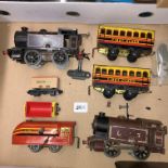 HORNBY TIN PLATE LOCOMOTIVE CLOCKWORK O GAUGE, TWO FIRST CLASS CARRIAGES,