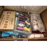 BOX OF HABERDASHERY ITEMS, EMBROIDERY COTTONS, ROPE,