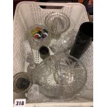 CRATE OF GLASSWARE INCLUDING BASKET, OWL PAPERWEIGHT,