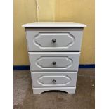 PAIR OF WHITE THREE DRAWER BEDSIDE CHESTS W 47 D 43 H 68.
