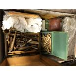 SMALL SUITCASE OF LACEMAKING WOODEN BONE AND DECORATIVE LACE BOBBINS AND ASSOCIATED ITEMS