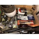 BOX OF MISCELLANEOUS CUTLERY, CLOCK, TRIVET STANDS,