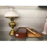 BRASS OIL LAMP AND EDWARDIAN CRUMB TRAY AND BRUSH