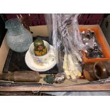 CARTON CONTAINING BAGGED AND BOXED CUTLERY, LACQUERED TRAY, GLASS CRACKLE WARE JUG, ETC.