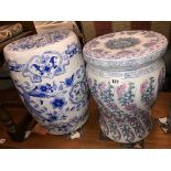CHINESE DESIGN POTTERY BLUE AND WHITE BARREL STOOL AND ONE SMALLER STOOL