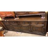 OAK CARVED LINENFOLD SIDEBOARD FITTED WITH DRAWERS H 68 W 185 D 49.