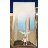 LARGE CANVAS PAINTING OF FIGURE IN CATHEDRAL (UNFINISHED) 86 X 45CM