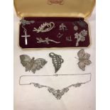 SELECTION OF WHITE METAL FILIGREE BUTTERFLY BROOCHES,